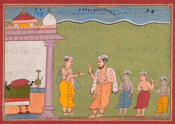 "Vasudeva Meets Nanda" from a Bhagavata Purana, 1610. India, Rajasthan, Bikaner, 17th century. Opaque watercolor and gold on paper; sheet: 24.8 x 29.9 cm (9 3/4 x 11 3/4 in.).