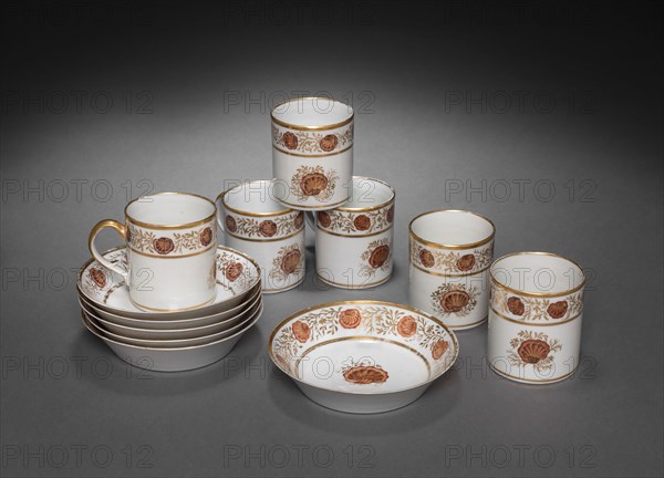 Cups and Saucers from Oliver Wolcott, Jr. Tea Service, 1785-1805. Chinese Export porcelain, late 18th-early 19th century. Porcelain, sepia enamel, gold leaf; overall: 7 x 7 x 6 cm (2 3/4 x 2 3/4 x 2 3/8 in.); average: 3 x 13 cm (1 3/16 x 5 1/8 in.).