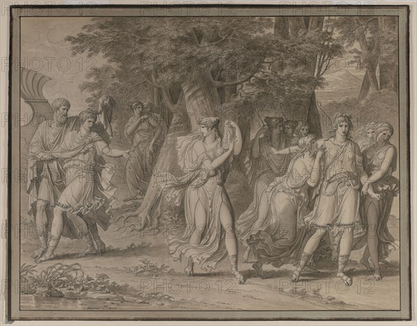 Telemachus, Urged by Mentor, Leaving the Island of Calypso , 1800. Charles Meynier (French, 1768-1832). Pen and black ink and brown wash with black chalk ; sheet: 47.5 x 61.5 cm (18 11/16 x 24 3/16 in.); mounted: 51 x 66 cm (20 1/16 x 26 in.).