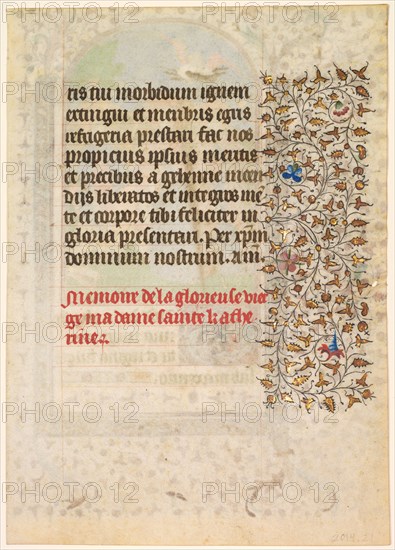 Leaf from a Book of Hours: Text (verso), c. 1415. Workshop of Boucicaut Master (French, Paris, active about 1410-25). Ink, tempera, silver, and gold on vellum; leaf: 16 x 11.2 cm (6 5/16 x 4 7/16 in.)