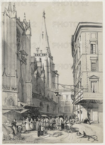 Sketches at Home and Abroad: Lyons Church of St. Hezier, October 1832, 1832. James Duffield Harding (British, 1798-1863). Lithograph with tint stone; sheet: 36.5 x 26.3 cm (14 3/8 x 10 3/8 in.); image: 36.5 x 26.3 cm (14 3/8 x 10 3/8 in.).