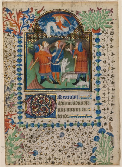 Leaf from a Book of Hours: Annunciation to the Shepherds (recto) and Text (verso), c. 1410-20. Boethius Illuminator (French). Ink, tempera and gold on vellum; leaf: 17 x 12.1 cm (6 11/16 x 4 3/4 in.)