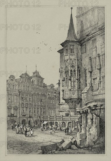 Facisimilies of Sketches made in Flanders and Germany: Hotel de Ville, Prague, 1833. Samuel Prout (British, 1783-1852). Lithograph; sheet: 54.8 x 37.2 cm (21 9/16 x 14 5/8 in.); image: 41.9 x 28.4 cm (16 1/2 x 11 3/16 in.).