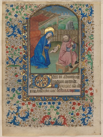 Leaf from a Book of Hours: The Nativity (recto) and Text (verso), c. 1430. Northeastern France, 15th century. Ink, tempera and gold on vellum; leaf: 17 x 12.5 cm (6 11/16 x 4 15/16 in.)