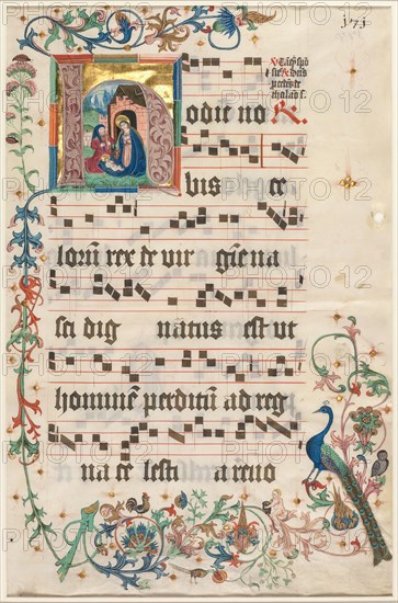 Leaf from an Antiphonary: Initial H with the Nativity (recto), c. 1480. South Germany, Augsburg (?), 15th century. Ink, tempera and gold on vellum; leaf: 62.5 x 41 cm (24 5/8 x 16 1/8 in.)
