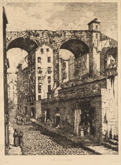 A Street in Genoa (Une rue à Gênes), 1878. Gabrielle-Marie Niel (French, 1840-1894), Printed by E. Delarue. Etching; sheet: 37.9 x 27.3 cm (14 15/16 x 10 3/4 in.); image: 29.6 x 22 cm (11 5/8 x 8 11/16 in.).