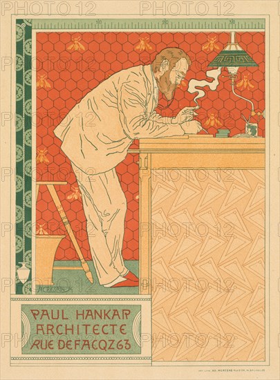 Les Maitres de l'Affiche, Pl. 91: Paul Hankar, Architecte rue defacqz 63, c. 1894. Adolphe Crespin (Belgian, 1859-1944). Color lithograph; sheet: 38.6 x 27.6 cm (15 3/16 x 10 7/8 in.); image: 29.8 x 22.7 cm (11 3/4 x 8 15/16 in.)