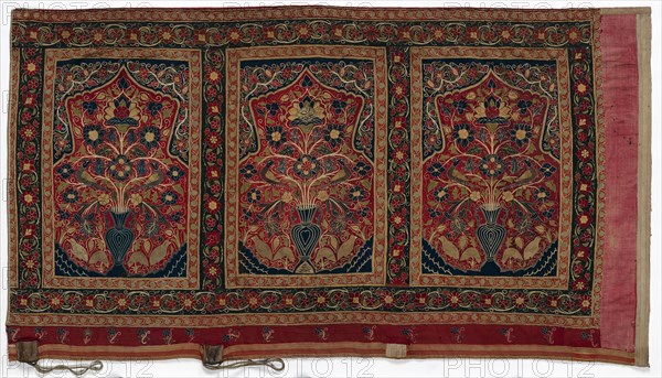 Royal Round Tent made for Muhammad Shah (wall panel with three panels A), 1834-1848. Iran, Rasht, Qajar period (1779-1925). Resht work; wool with silk embroidery (chain stitch), rope; overall: 360 x 400 cm (141 3/4 x 157 1/2 in.); panel: 165 cm (64 15/16 in.)