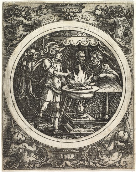 Mucius Scaevola Holding His Hand in the Fire, c. 1520. Hans Sebald Beham (German, 1500-1550). Etching; sheet: 6.7 x 5.2 cm (2 5/8 x 2 1/16 in.); platemark: 6.7 x 5.2 cm (2 5/8 x 2 1/16 in.).