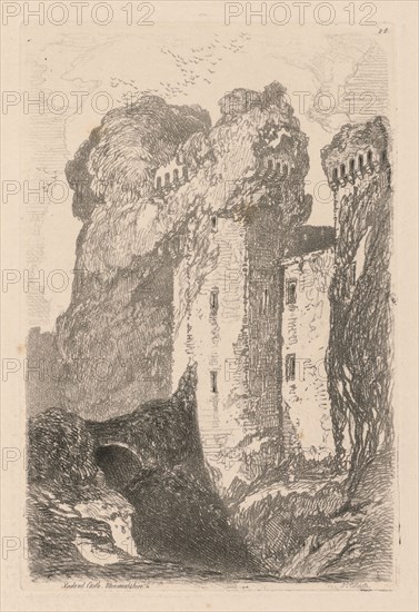 Liber Studiorum: Plate 24, Ragland Castle, Monmouthshire, 1838. John Sell Cotman (British, 1782-1842). Softground etching, from a bound volume containing 48 plates; sheet: 49.6 x 32 cm (19 1/2 x 12 5/8 in.); platemark: 18.7 x 12.5 cm (7 3/8 x 4 15/16 in.).