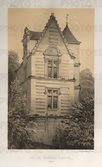 Architecture Pittoresque ou Monuments des XVeme. Et XVIeme. Siecles: Chateaux de France des XV et XVI Siecles: Pl. 55, Ancien Château D'Érival (Aisne), 1860. Victor Petit (French, 1817-1874), Charles Boivin (publisher and editor); Lith de Godard a Paris (printer). Lithograph with tint stone, from portfolio of 100 lithographs with tint stone; sheet: 35.9 x 27.5 cm (14 1/8 x 10 13/16 in.); image: 22.8 x 14.1 cm (9 x 5 9/16 in.).