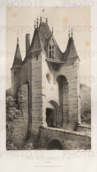 Architecture Pittoresque ou Monuments des XVeme. Et XVIeme. Siecles: Chateaux de France des XV et XVI Siecles: Pl. 95, Porte de Villeneuve-Le-Roi (Yonne), 1860. Victor Petit (French, 1817-1874), Charles Boivin (publisher and editor); Lith de Godard a Paris (printer). Lithograph with tint stone, from portfolio of 100 lithographs with tint stone; sheet: 36.6 x 27.5 cm (14 7/16 x 10 13/16 in.); image: 23.6 x 14 cm (9 5/16 x 5 1/2 in.)