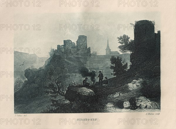 Das Malerische und Romantische Rheinland: Niedeggen, 1928. Henry Winkles (British, 1801-1900), after Theodor Verhas (German, 1811-1872), Kurt Schroeder. Etching in blue; sheet: 24.2 x 32.9 cm (9 1/2 x 12 15/16 in.); platemark: 16.3 x 26 cm (6 7/16 x 10 1/4 in.)