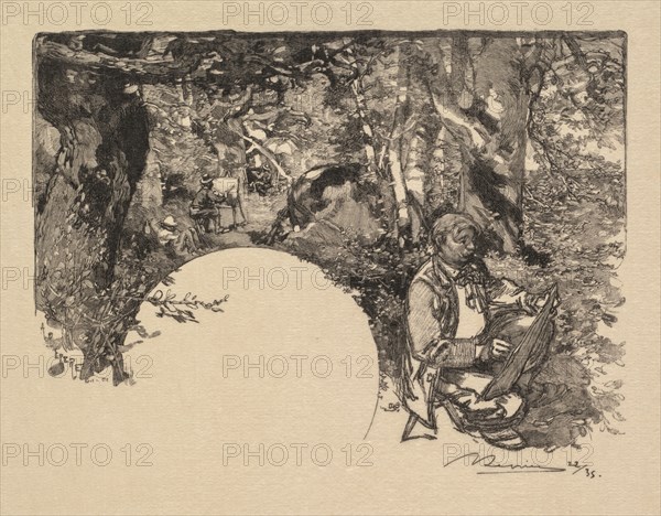 Fontainebleau Forest: The Painters (La Forêt de Fontainebleau: Les Peintres), 1890. Auguste Louis Lepère (French, 1849-1918), A. Desmoulins, Published in Revue Illustrée, 1887-90. Wood engraving from bound volume of 34 ; image: 11 x 15.6 cm (4 5/16 x 6 1/8 in.).