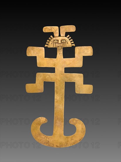 Figural Pendant, 1-800. Isthmian Region (Colombia), Tolima, 1st-8th century. Gold, cast and hammered; overall: 29.4 x 16.2 x 1 cm (11 9/16 x 6 3/8 x 3/8 in.).