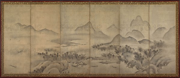 Moonlit Landscape, late 1500s. Japan, Muromachi period (1392-1573). Pair of six-panel folding screens, ink on paper; framed: 155 x 364.2 x 60.6 cm (61 x 143 3/8 x 23 7/8 in.).