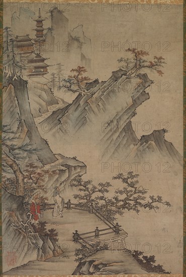 Chinese Literatus Viewing a Valley, possibly mid- to late 1500s–1600s. Japan, Muromachi period (1392-1573) to Edo period (1615-1868). Hanging scroll; ink and light color on paper; mounted: 137 x 46.3 cm (53 15/16 x 18 1/4 in.).
