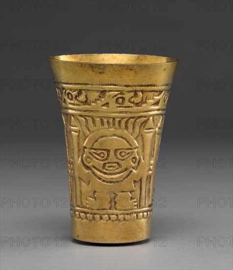 Beaker with Frontal Figures, 900-1100. Central Andes (Peru), Lambayeque (Sicán) people, 10th century-12th century. Gold, hammered; overall: 12.5 x 9.1 cm (4 15/16 x 3 9/16 in.).