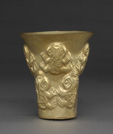 Beaker with Frogs, 900-1100. Central Andes (Peru), Lambayeque (Sicán) people, 10th century-12th century. Gold, hammered; overall: 13.7 x 12.1 cm (5 3/8 x 4 3/4 in.).