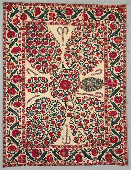 Suzani with floral sprays, 1800-1850. Central Asia, South West Uzbekistan, Shakhrisyabz. Plain weave: cotton, 6 strips; embroidery: silk