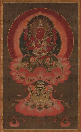 Wisdom King of Passion Aizen Myoo, 1300s. Japan, Kamakura period (1185-1333) to Nanbokucho period (1336-1392). Hanging scroll; ink, color, and gold on silk; painting: 102 x 60.5 cm (40 3/16 x 23 13/16 in.).