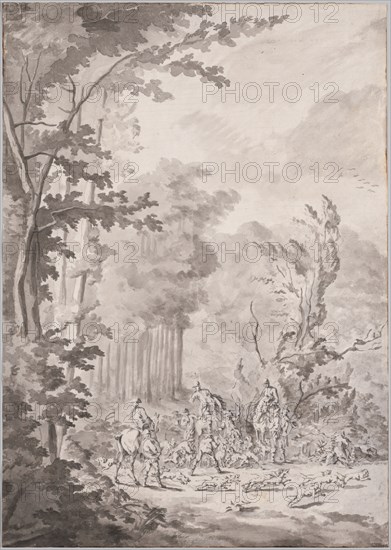 A Hunting Party at Marly, late 17th or early 18th century. Attributed to Jean Baptiste Martin, Le Vieux (French, 1659-1735). Graphite and gray washes; framing lines in brown ink; sheet: 51.7 x 36.7 cm (20 3/8 x 14 7/16 in.).