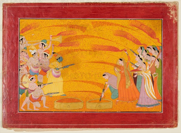 Krishna Celebrates Holi, c. 1770. Northern India, Himachal Pradesh, Pahari Kingdom of Guler. Opaque watercolor and gold on paper; page: 21 x 29.2 cm (8 1/4 x 11 1/2 in.); miniature: 15.6 x 24 cm (6 1/8 x 9 7/16 in.).