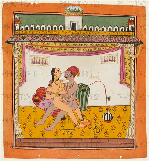 A couple seated against two pillows engaged in sex,  from an erotic series, c. 1700-10. India, Chamba style. Color on paper; page: 21.3 x 19.7 cm (8 3/8 x 7 3/4 in.).