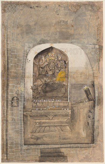 Worship of stone image of Shiva and Parvati within a lingam, c. 1710. Indian, Himachal Pradesh, Chamba region. Color on paper; page: 37.5 x 23.5 cm (14 3/4 x 9 1/4 in.).