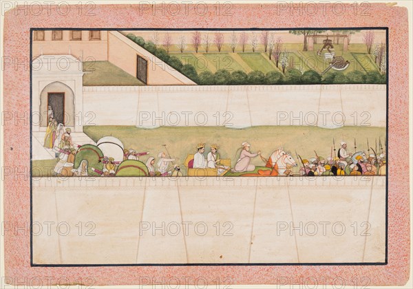 Rama’s Brothers Bharata and Shatrughna set out from Ayodhya to find Rama and Lakshmana in the forest to inform them of the death of their father Dasharatha, 1775-80. Northern India, Himachal Pradesh, Pahari Kingdom of Kangra. Opaque watercolor and gold on paper; page: 24.8 x 35.7 cm (9 3/4 x 14 1/16 in.); miniature: 20.3 x 30.6 cm (8 x 12 1/16 in.).