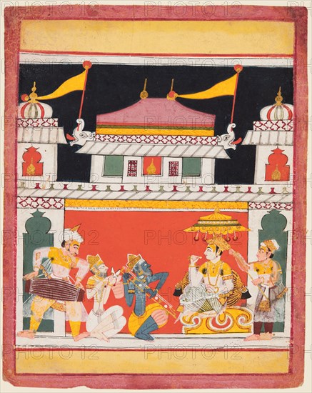 Shri Raga, from a Ragamala series; Three musicians perform before a noble, c. 1650. Central India, Malwa. Color on paper; 20.8 x 16.5 cm (8 3/16 x 6 1/2 in.).