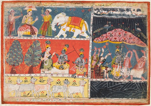 A page from the Bhagavata Purana: Indra sends a torrent of rain; Krishna lifts Mt. Govardhana, 1686. Central India, Malwa. Color on paper; page: 19.4 x 27.6 cm (7 5/8 x 10 7/8 in.).