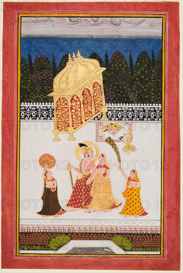 Maharana Ari Singh (c. 1761-73) and his consort on a terrace, c. 1761. India, Rajasthan, Mewar school. Color on paper; page: 46 x 30.9 cm (18 1/8 x 12 3/16 in.); miniature: 41 x 24.5 cm (16 1/8 x 9 5/8 in.).