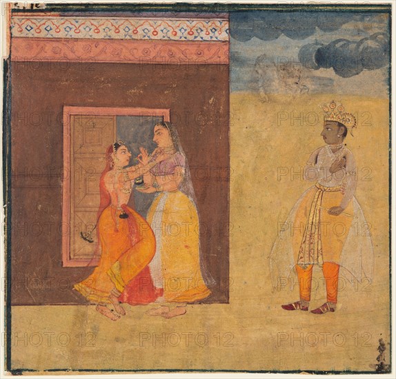 Krishna Abhisarika Nayika, from a Rasikapriya manuscript, c. 1615-25. India, Rajasthan, Amber. Color on paper; miniature: 12.1 x 12.7 cm (4 3/4 x 5 in.).