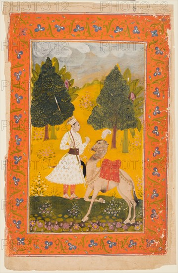 A Rajput Warrior with Camel, Possibly Maru Ragini from a Ragamala, 1650-80. Northwestern India, Rajasthan, Rajput Kingdom of Amber or Southwestern India, Deccan. Opaque watercolor, ink, and gold on paper; miniature: 26 x 17.6 cm (10 1/4 x 6 15/16 in.).