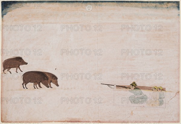 Raja Ram Chand of Amber ? hunting wild boar (r. 1667-1688), c. 1670. India, Rajasthan, Amber. Color on paper; miniature: 26 x 37.8 cm (10 1/4 x 14 7/8 in.).