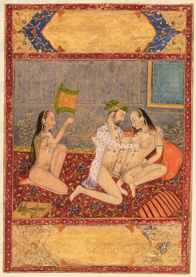 Couple in Erotic Embrace, c. 1720-30. Northwestern India, Rajasthan, Jaipur. Color on paper; page: 13.7 x 9.5 cm (5 3/8 x 3 3/4 in.); miniature: 8.3 x 8.6 cm (3 1/4 x 3 3/8 in.).