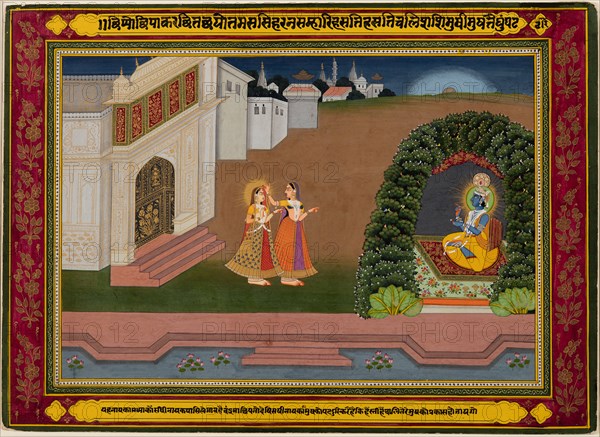 A Sakhi brings Radha to Krishna, c. 1790-1800. Northwestern India, Rajasthan, Jaipur. Color on paper; page: 28.3 x 39.4 cm (11 1/8 x 15 1/2 in.); miniature: 21.6 x 31.4 cm (8 1/2 x 12 3/8 in.).