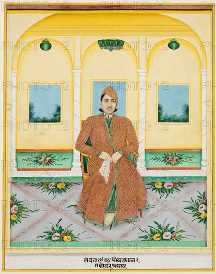 Portrait of Ganadhar Prasad, 1881. Northwestern India, Rajasthan, Rajput Kingdom of Alwar. Opaque watercolor and gold on cotton cloth; 47.6 x 37.5 cm (18 3/4 x 14 3/4 in.).