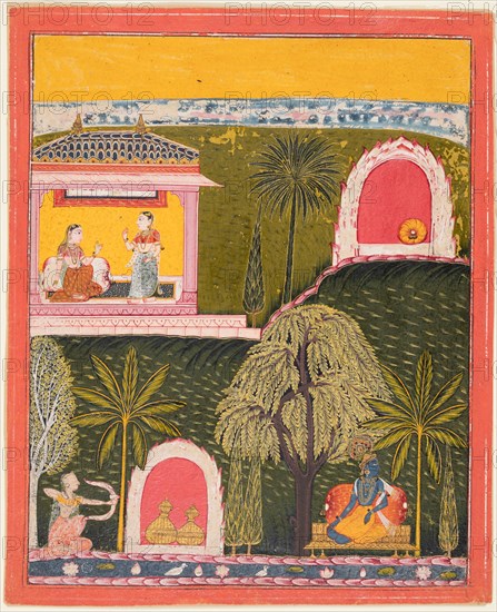 A page from a Rasikapriya series, c. 1660. India, Rajasthan, Raghogarh. Color on paper; page: 31.8 x 26 cm (12 1/2 x 10 1/4 in.); miniature: 26 x 23.5 cm (10 1/4 x 9 1/4 in.).