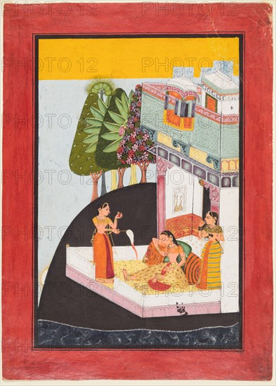 A Disconsolate Lady on a Terrace with Attendants, c. 1730. Northwestern India, Rajasthan, Rajput Kingdom of Raghogarh. Opaque watercolor, ink, silver, and gold on paper; page: 28.3 x 22.9 cm (11 1/8 x 9 in.); miniature: 23.5 x 15.2 cm (9 1/4 x 6 in.).