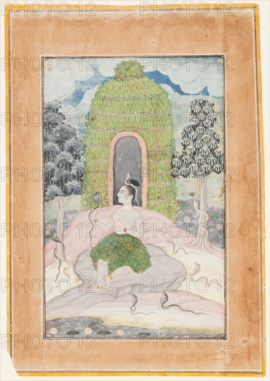 Ascetic Princess with Snakes in a Wilderness: Asavari Ragini, from a Ragamala, c. 1650. Northwestern India, Rajasthan, Rajput Kingdom of Bikaner. Opaque watercolor and gold on paper; page: 25.8 x 18.2 cm (10 3/16 x 7 3/16 in.); miniature: 19.7 x 12.7 cm (7 3/4 x 5 in.).