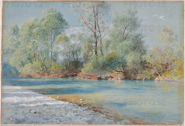 Traunstein River on the Road to Empfig, Bavaria, about 1893-96. William Stanley Haseltine (American, 1835-1900). Watercolor and gouache on blue paper; sheet: 38.3 x 56.5 cm (15 1/16 x 22 1/4 in.); mounted, primary: 38.3 x 56.5 x 0.2 cm (15 1/16 x 22 1/4 x 1/16 in.).