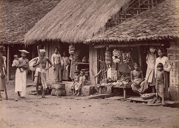 Fruitsellers, c. 1880. Scowen & Co. (British, active Ceylon, 1876-1895). Albumen print from glass plate negative; image: 20 x 27.2 cm (7 7/8 x 10 11/16 in.); paper: 20 x 27.2 cm (7 7/8 x 10 11/16 in.); mounted: 23.1 x 30.3 cm (9 1/8 x 11 15/16 in.).