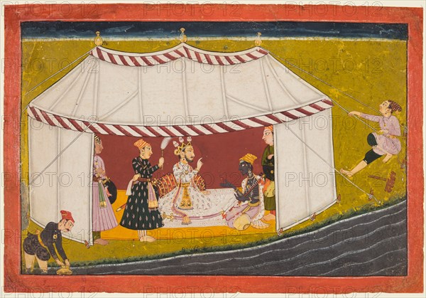 Madhava in a tent before a ruler, from a Madhavanala Kamakandala series, c. 1700. India, Bilaspur. Color on paper; page: 21.6 x 30.8 cm (8 1/2 x 12 1/8 in.).
