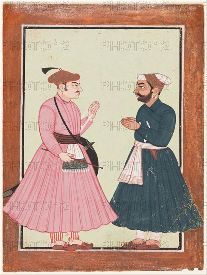 A noble, probably Raja Gaur Sen, receives another noble, c. 1700-20. India, Himachal Pradesh, Mandi. Color on paper; page: 20 x 14.9 cm (7 7/8 x 5 7/8 in.).