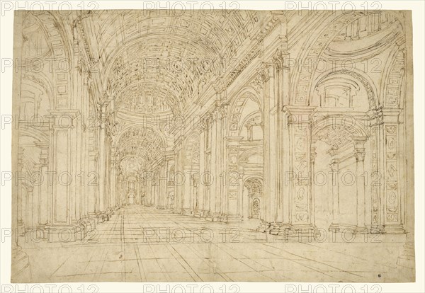 Interior of Saint Peter's Basilica; 17th century; Black chalk, pen and brown ink; 28.9 x 42.9 cm, 11 3,8 x 16 7,8 in
