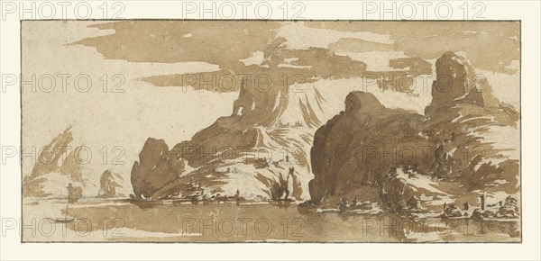 A View of Mountains across a Lake; Jacques Callot, French, 1592 - 1635, about 1632; Brush and brown wash over black chalk