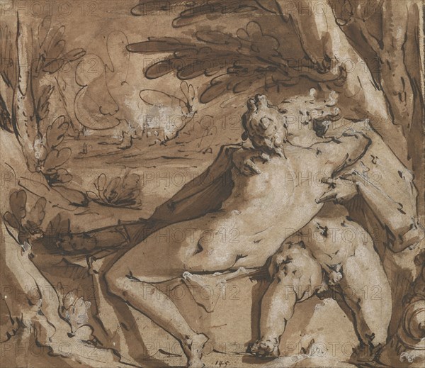 Embracing Couple, Mercury and Lara?, Jan Harmensz. Muller, Dutch, 1571 - 1628, 1588 - about 1594; Black chalk, pen and brown