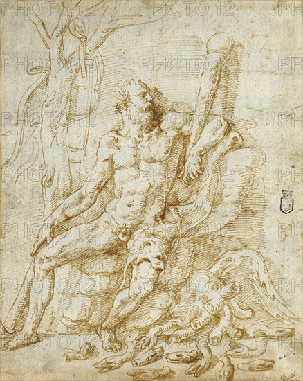 Hercules Resting after Killing the Hydra; Giulio Romano, Giulio Pippi, Italian, before 1499 - 1546, Italy; about 1535; Pen